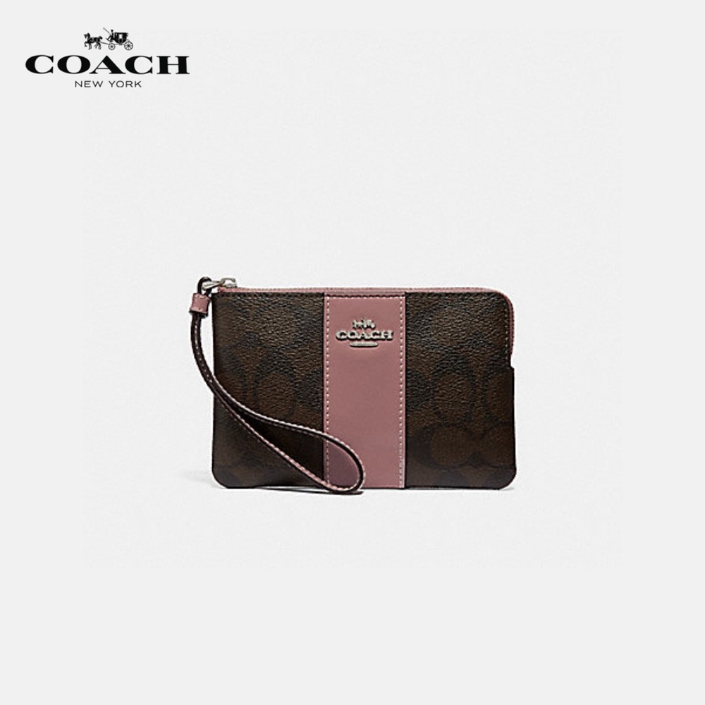 ✨Coach NEW Corner Zip Wristlet In Signature Canvas With Stripe DUSTY ROSE
